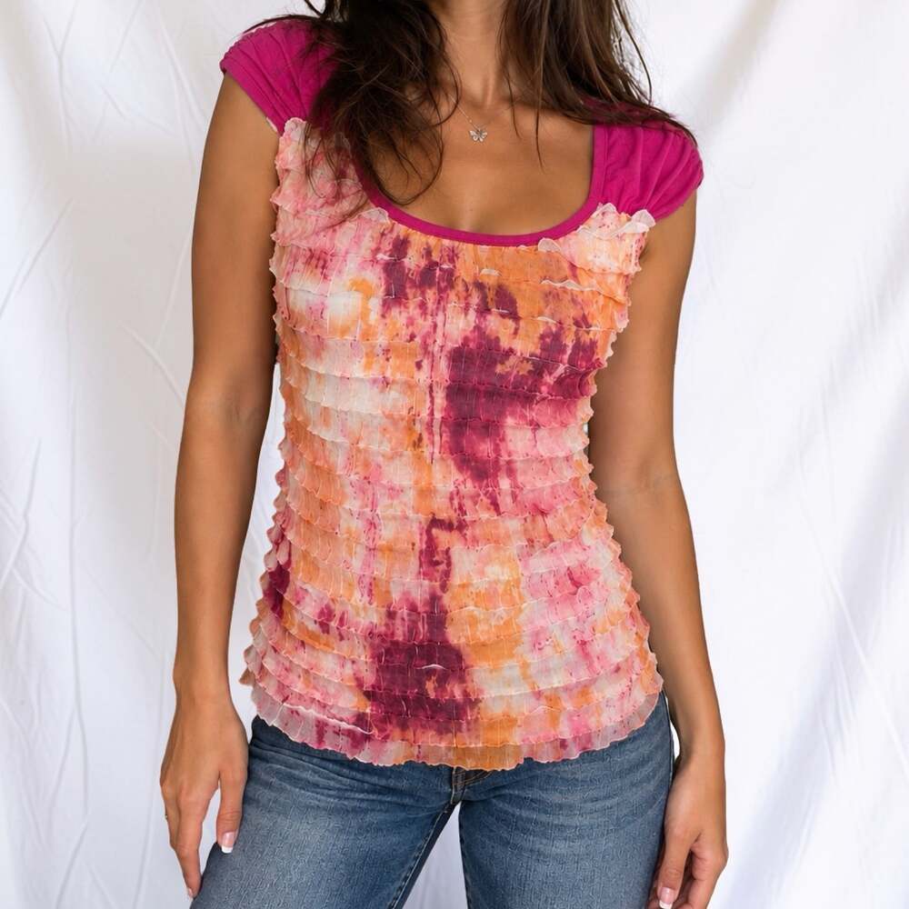 AB Studio Pink Abstract Watercolor Ruffle Tiered Cap Sleeve Top Size Small